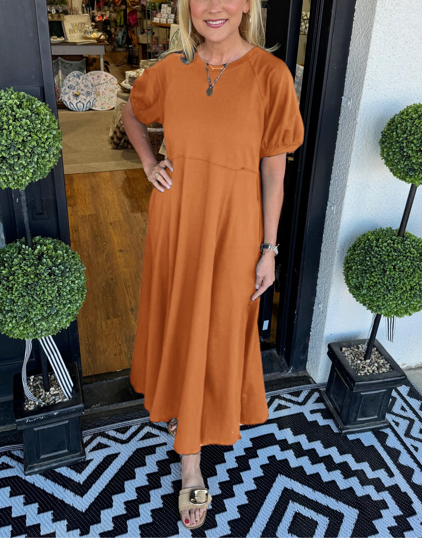 Women's Puff Sleeve Round Neck Long Dress