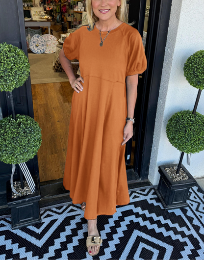 Women's Puff Sleeve Round Neck Long Dress