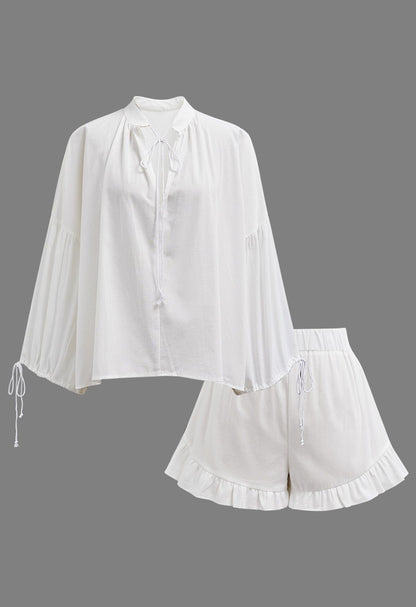 Women's Lantern Sleeve Drawstring Shirt and Shorts Set