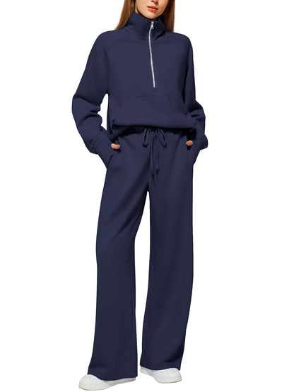Women's Oversized Half Zip Wide Leg 2 Piece Outfits Lounge Set