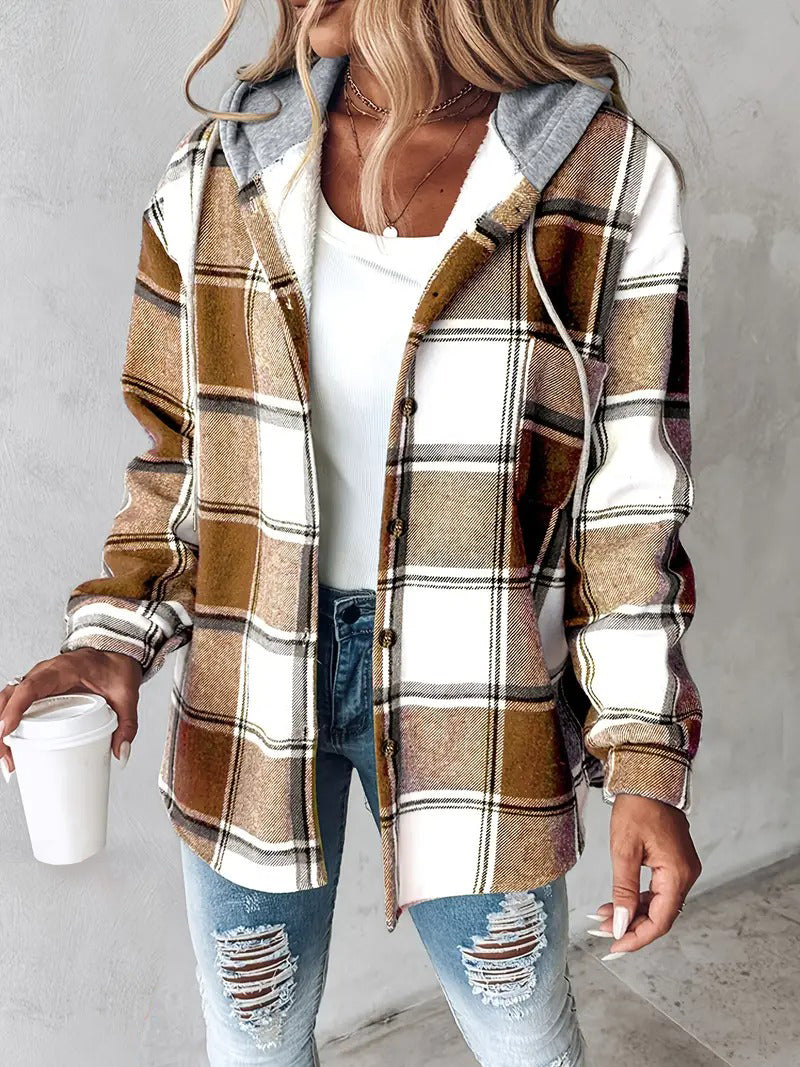 Women's Plaid Button Down Fleece Lined Hooded Jackets Warm Coat