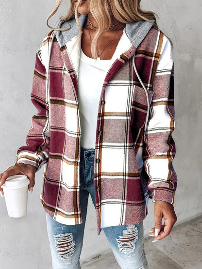Women's Plaid Button Down Fleece Lined Hooded Jackets Warm Coat