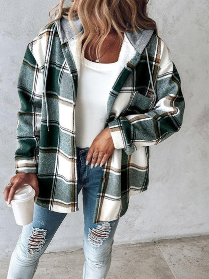 Women's Plaid Button Down Fleece Lined Hooded Jackets Warm Coat