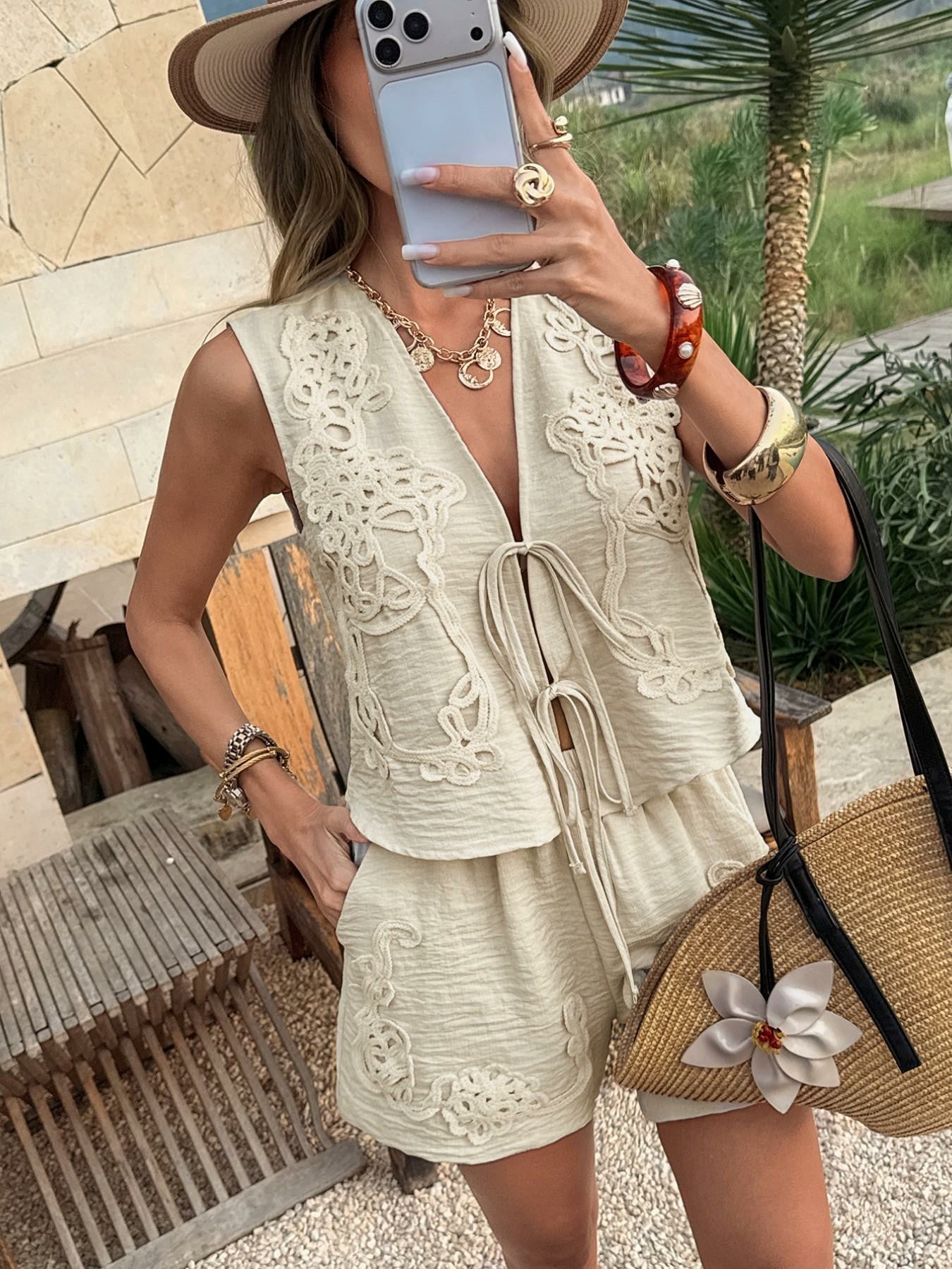 Women's V Neck Lace-Up Sleeveless Crop Top & Shorts Set