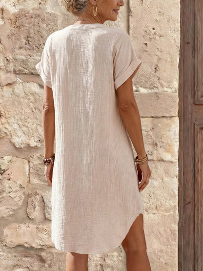 Notched V-Neck Button Down Cotton Dress