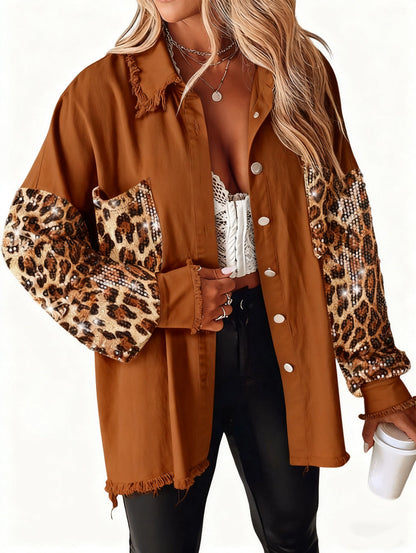 Women's Oversized Leopard Sequin Patchwork Denim Jacket