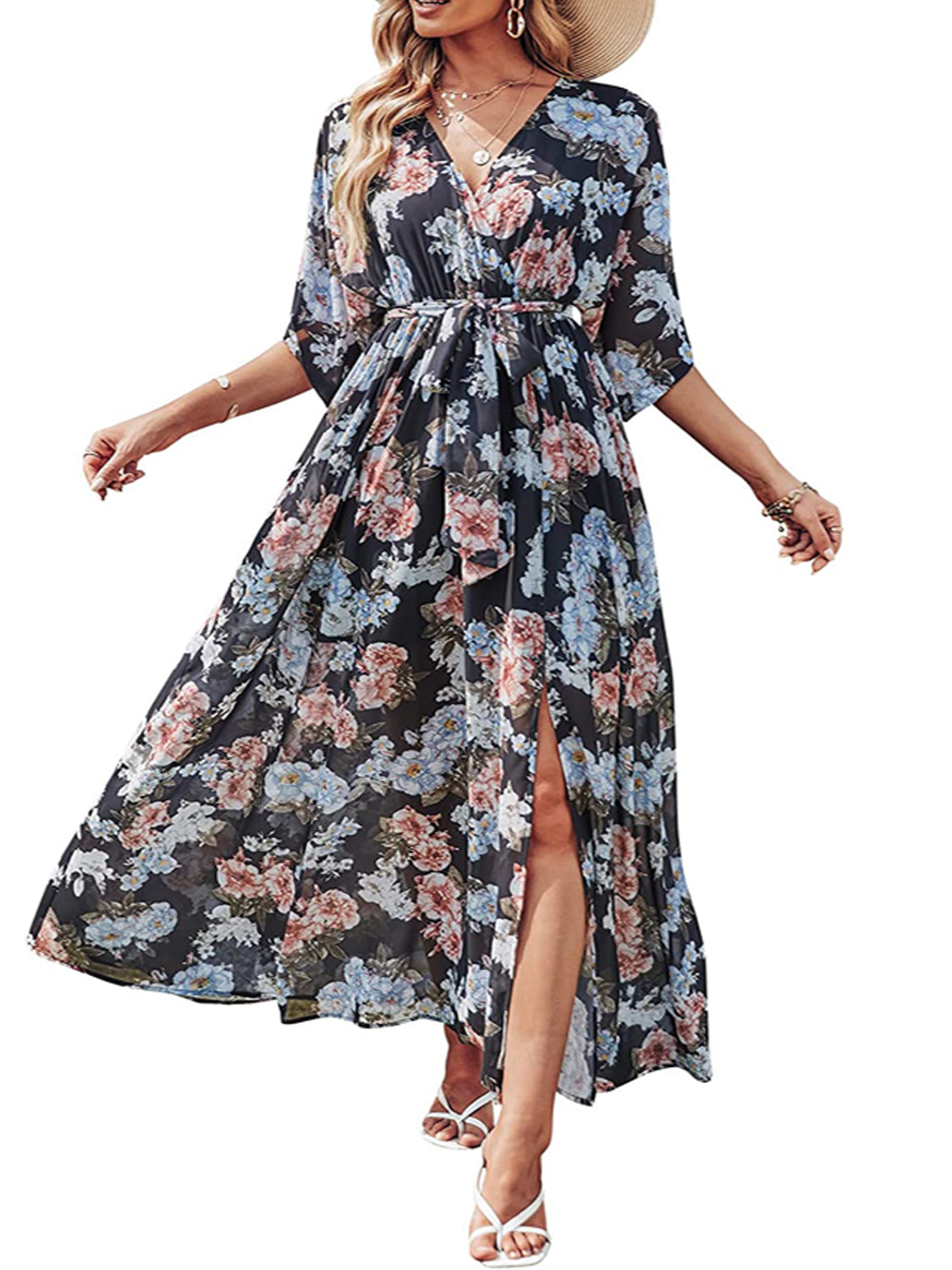 V Neck Floral Print Slit Long Dresses