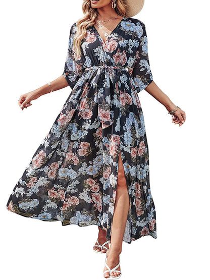 V Neck Floral Print Slit Long Dresses