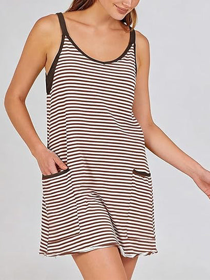Women's Striped V-Neck Tennis Dress with Built-in Shorts