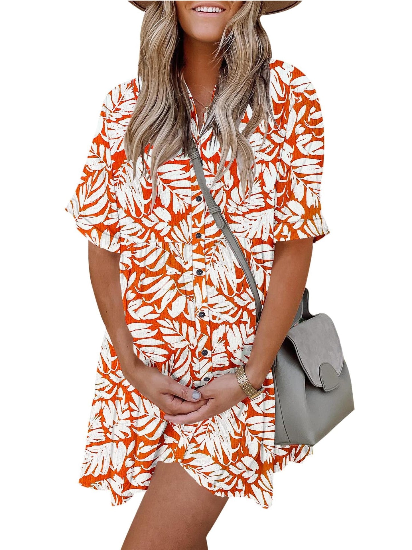 Women's Printed Short Sleeve Button Down Dress with Pockets