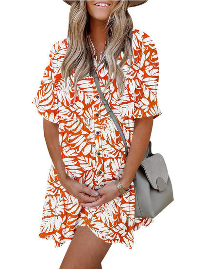Women's Printed Short Sleeve Button Down Dress with Pockets