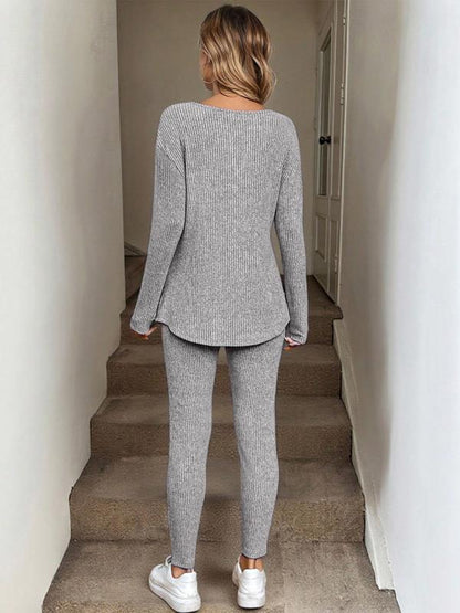 Women's Casual Plush Rib-Knit Long Sleeve T-Shirt And Leggings Set