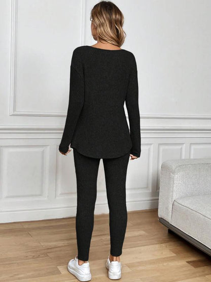 Women's Casual Plush Rib-Knit Long Sleeve T-Shirt And Leggings Set