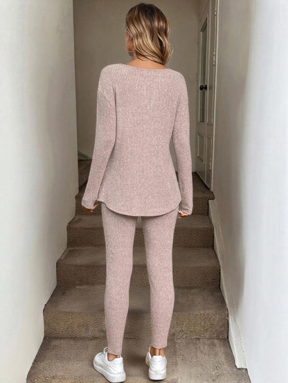 Women's Casual Plush Rib-Knit Long Sleeve T-Shirt And Leggings Set
