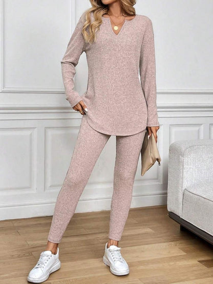 Women's Casual Plush Rib-Knit Long Sleeve T-Shirt And Leggings Set