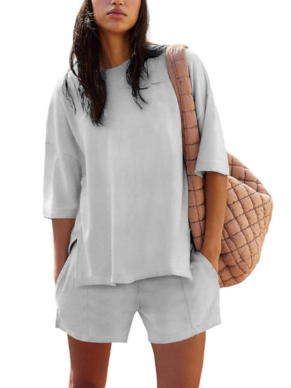 Women's Casual Solid Color Suit with Slit Top and Shorts
