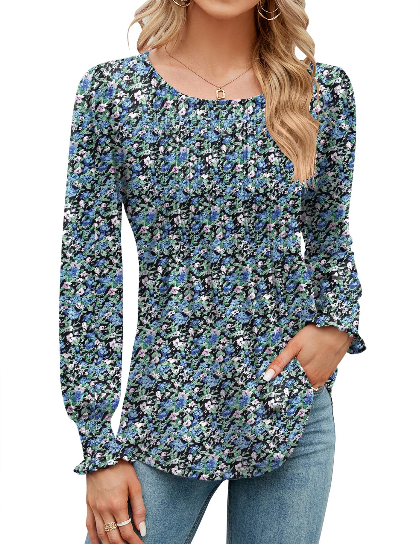 ✨Puff Long Sleeve Pleated Crew Neck Tunic Top