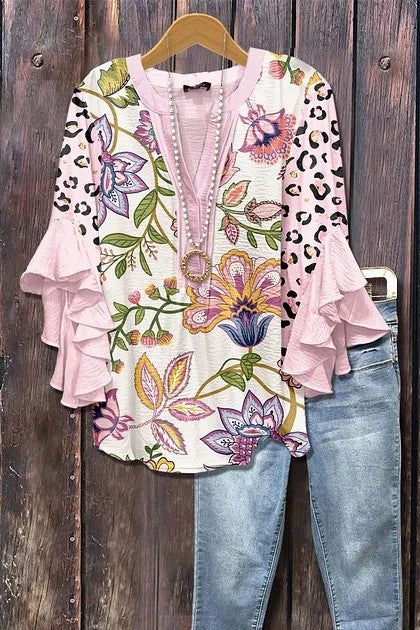Women's Mixed Floral Print Ruffle Bell Sleeve Top