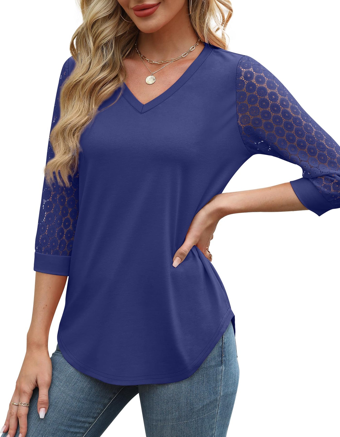 Womens 3/4 Length Sleeve V-Neck Lace Tunic Tops Business Casual Blouses