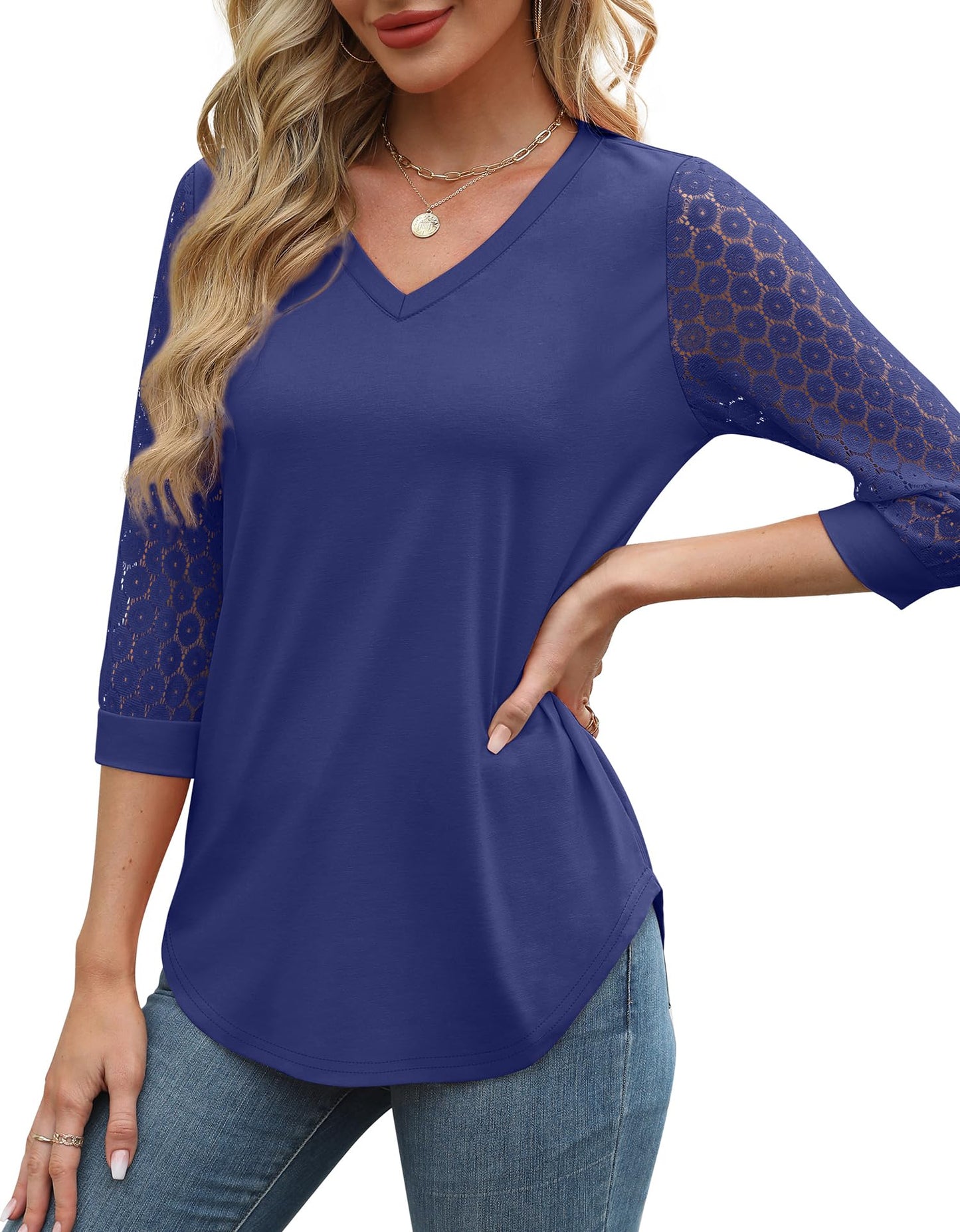 Womens 3/4 Length Sleeve V-Neck Lace Tunic Tops Business Casual Blouses