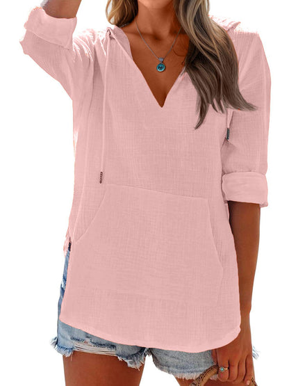 Limited time sale🔥 Women's Long Sleeve V Neck Pocketed Hooded Shirt Top
