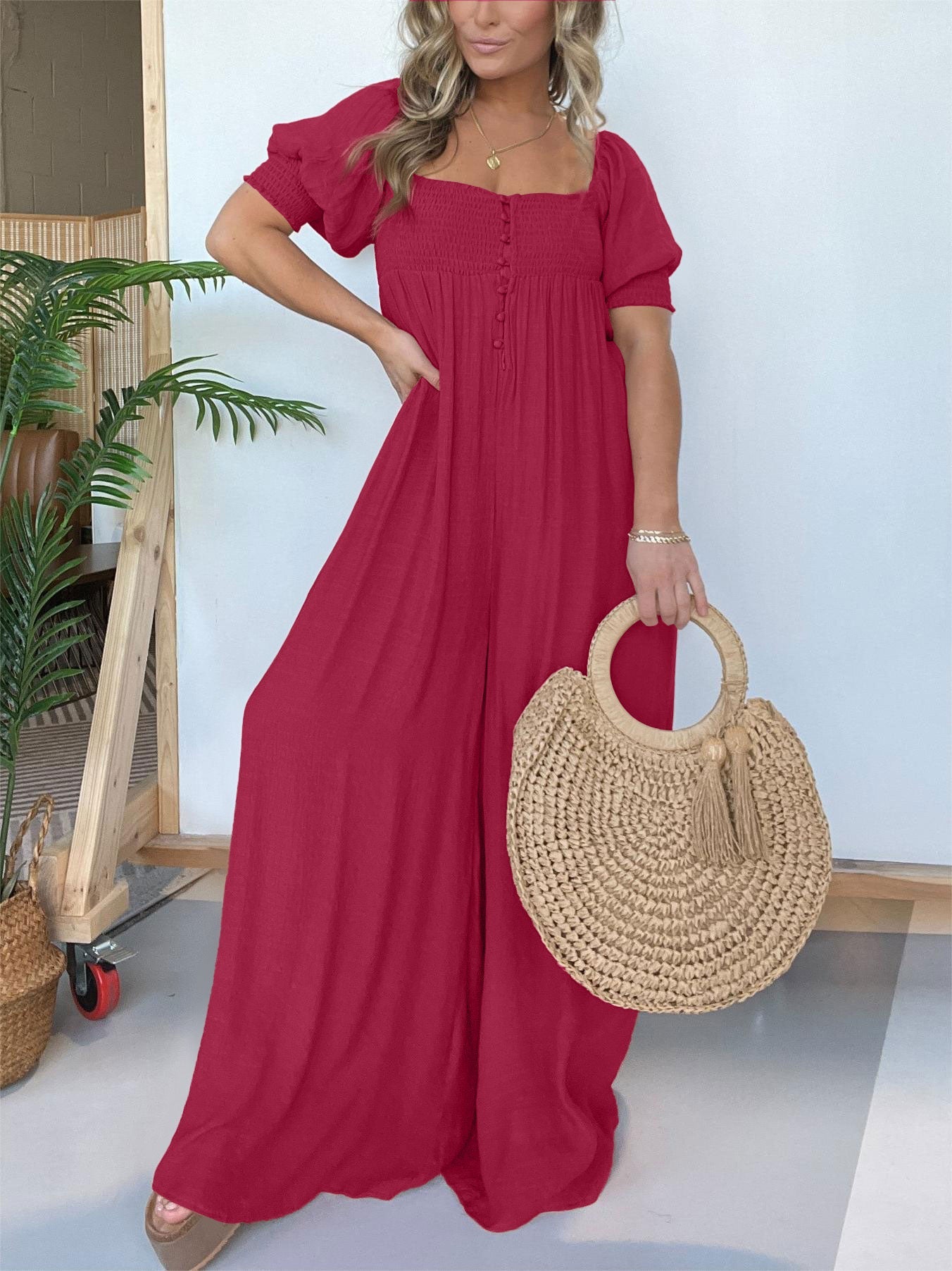 Hot Sale 2024 New Square Neckline Jumpsuit with Smocked Bodice Button (Buy 2 Free Shipping)