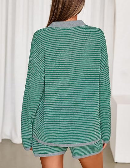 Casual Long Sleeve Striped Tops Shorts Matching Set