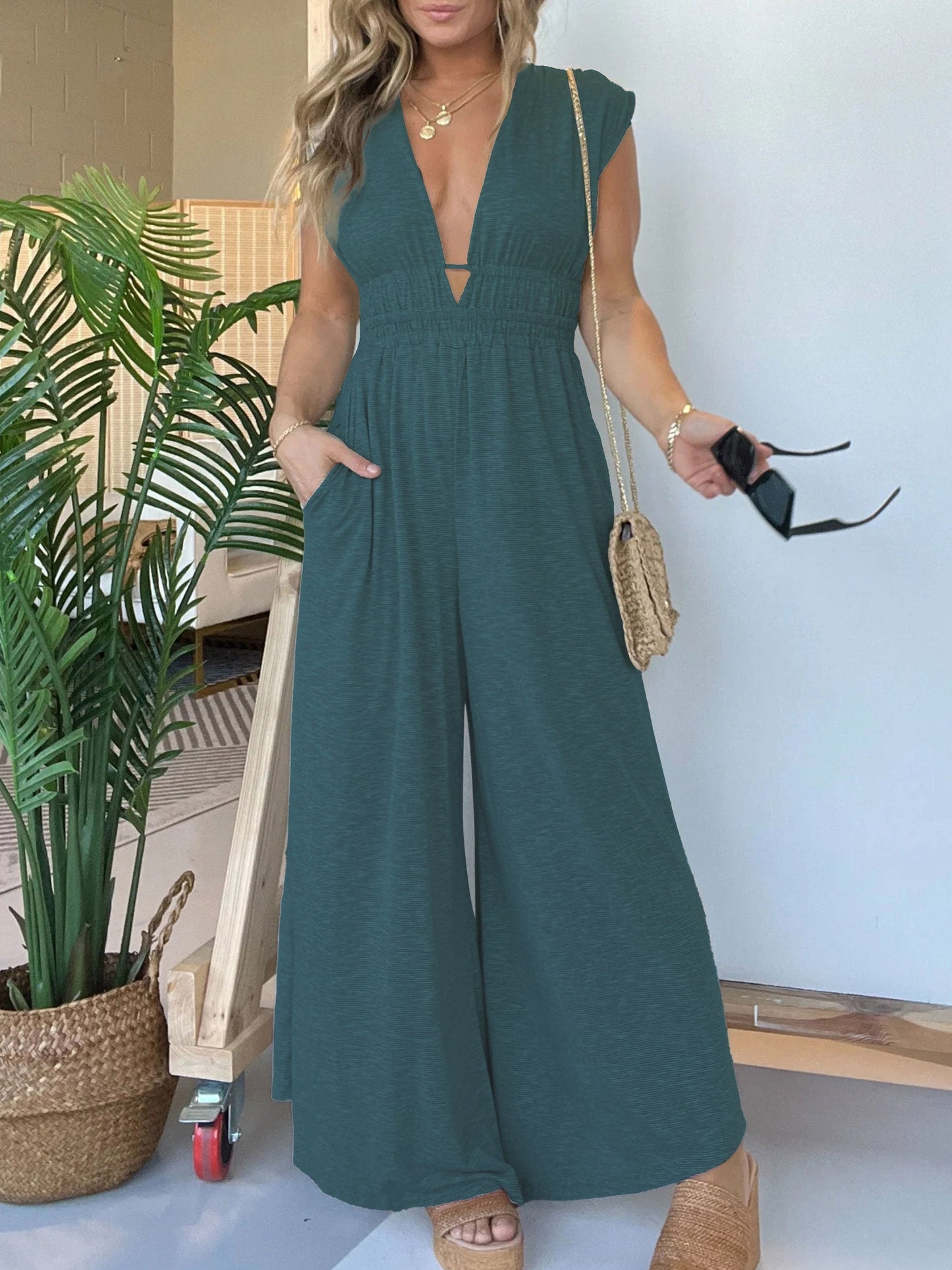 Women's Deep V Hi Lo Hem Jumpsuit (Buy 2 Free Shipping)