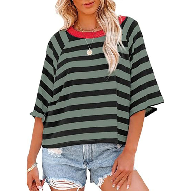 Women Summer Striped  Color Blocking T Shirts Tee