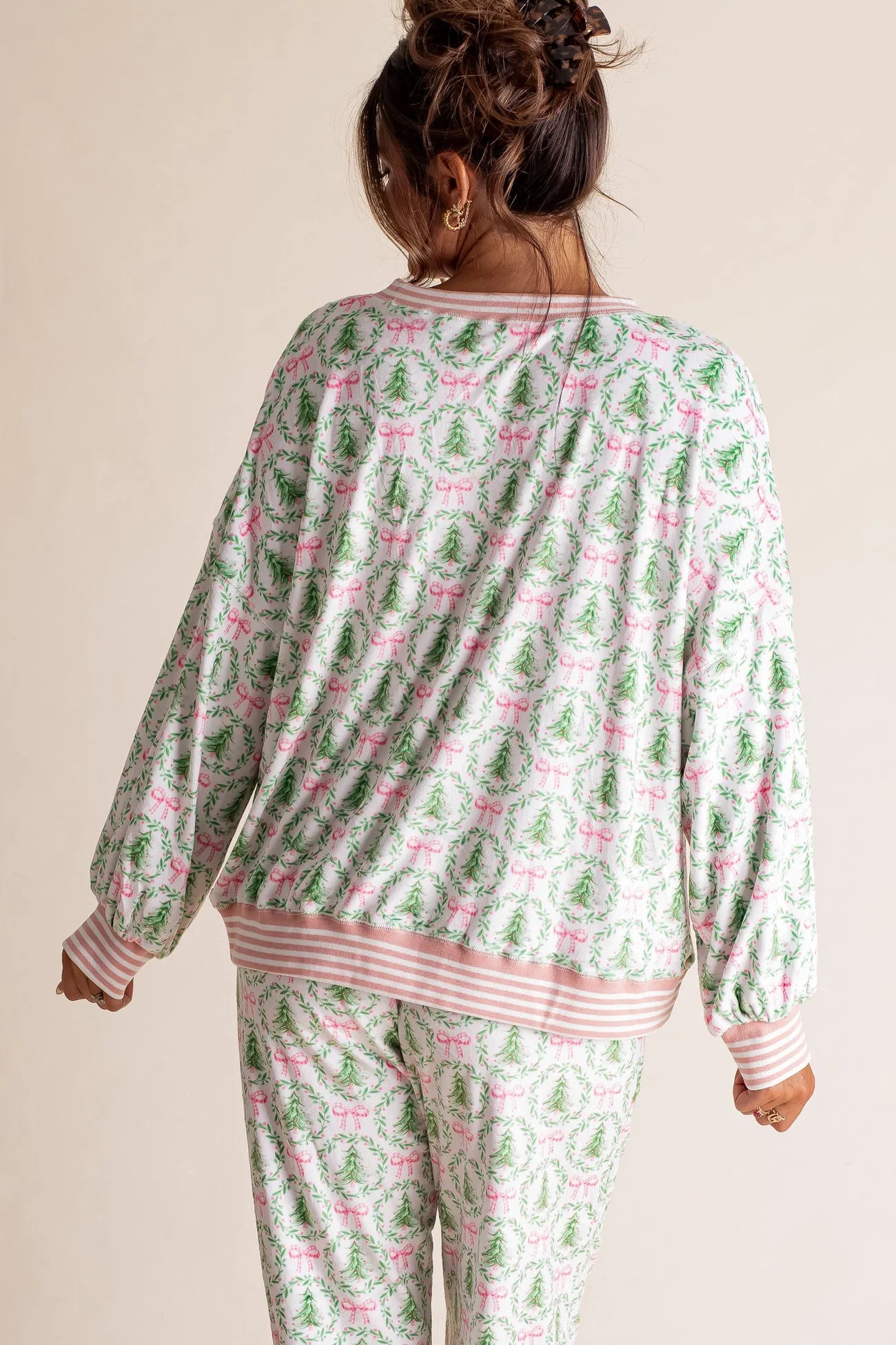 Christmas Tree Bow Satin Pajamas Set - Pink and Green