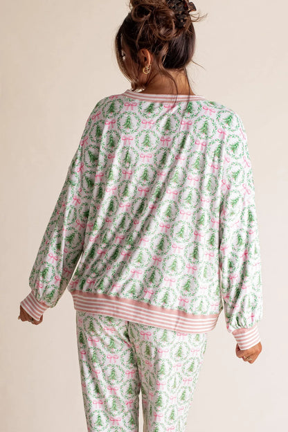 Christmas Tree Bow Satin Pajamas Set - Pink and Green
