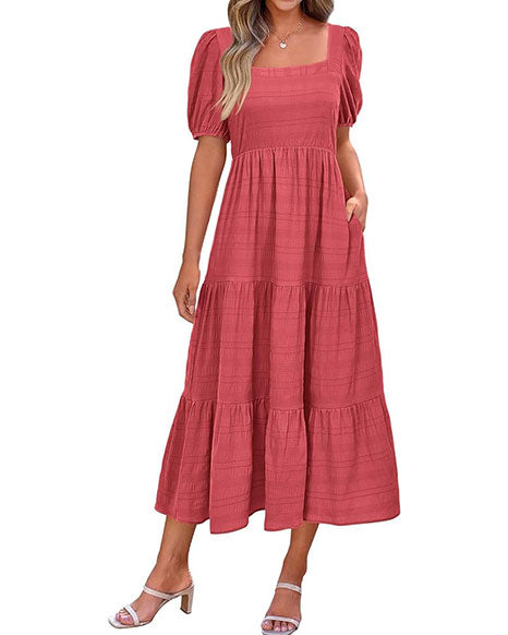 Women's Summer Puff Sleeve Loose Fit Midi Dress （BUY 2 FREE SHIPPING)