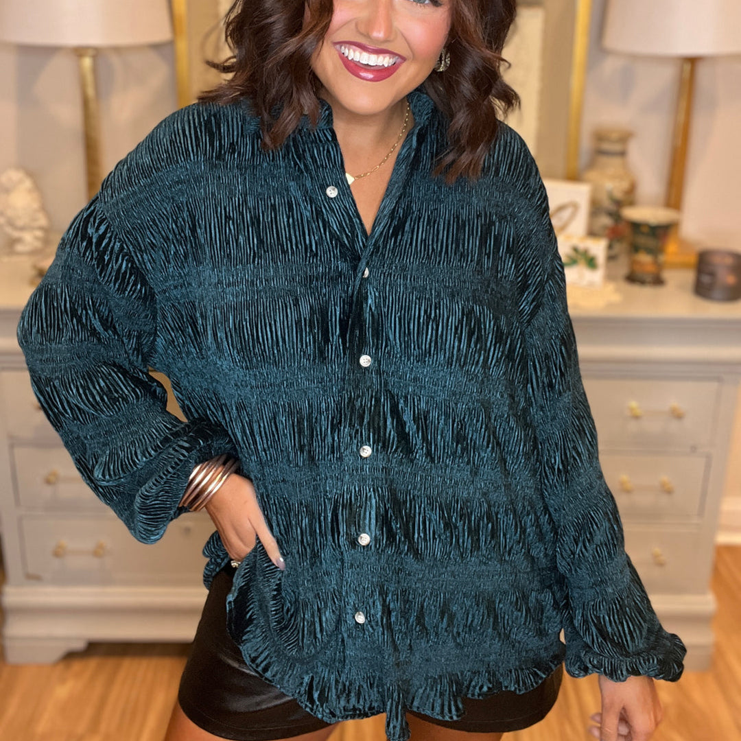 Women's Shirred Velvet Button Down Top (Buy 2 Free Shipping)