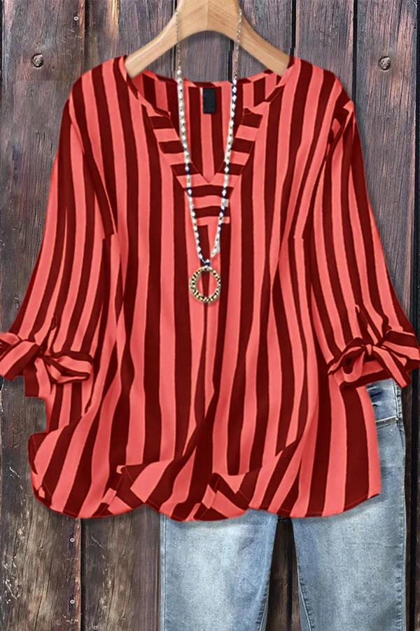 ✨Women's Casual Striped V-Neck Tied Sleeve Top  Versatile Blouse