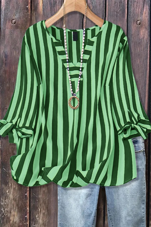 ✨Women's Casual Striped V-Neck Tied Sleeve Top  Versatile Blouse