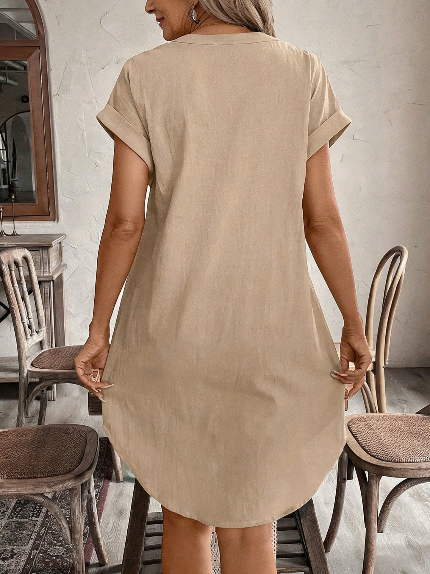Notched V-Neck Button Down Cotton Dress
