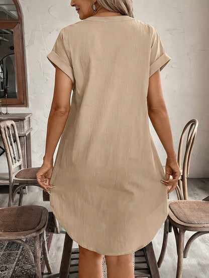 Notched V-Neck Button Down Cotton Dress