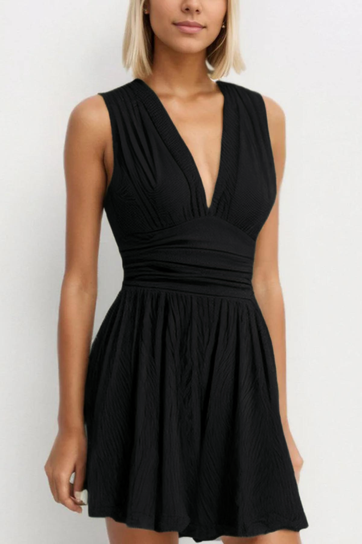 Women's Plain Ruched Deep V Neck Tank Sleeveless Romper