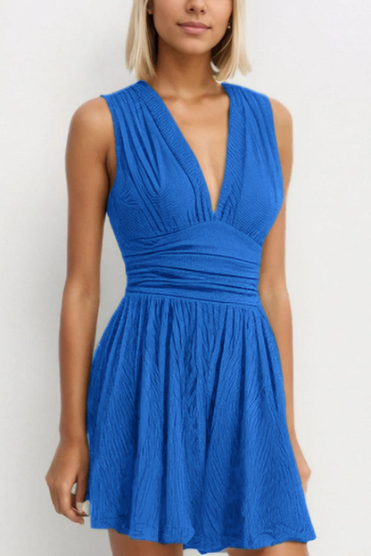 Women's Plain Ruched Deep V Neck Tank Sleeveless Romper