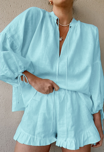 Women's Lantern Sleeve Drawstring Shirt and Shorts Set