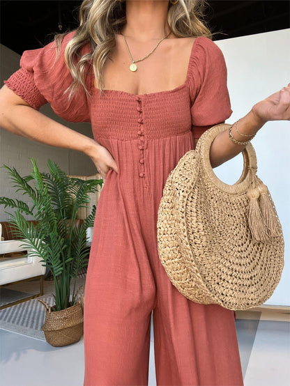 Hot Sale 2024 New Square Neckline Jumpsuit with Smocked Bodice Button (Buy 2 Free Shipping)