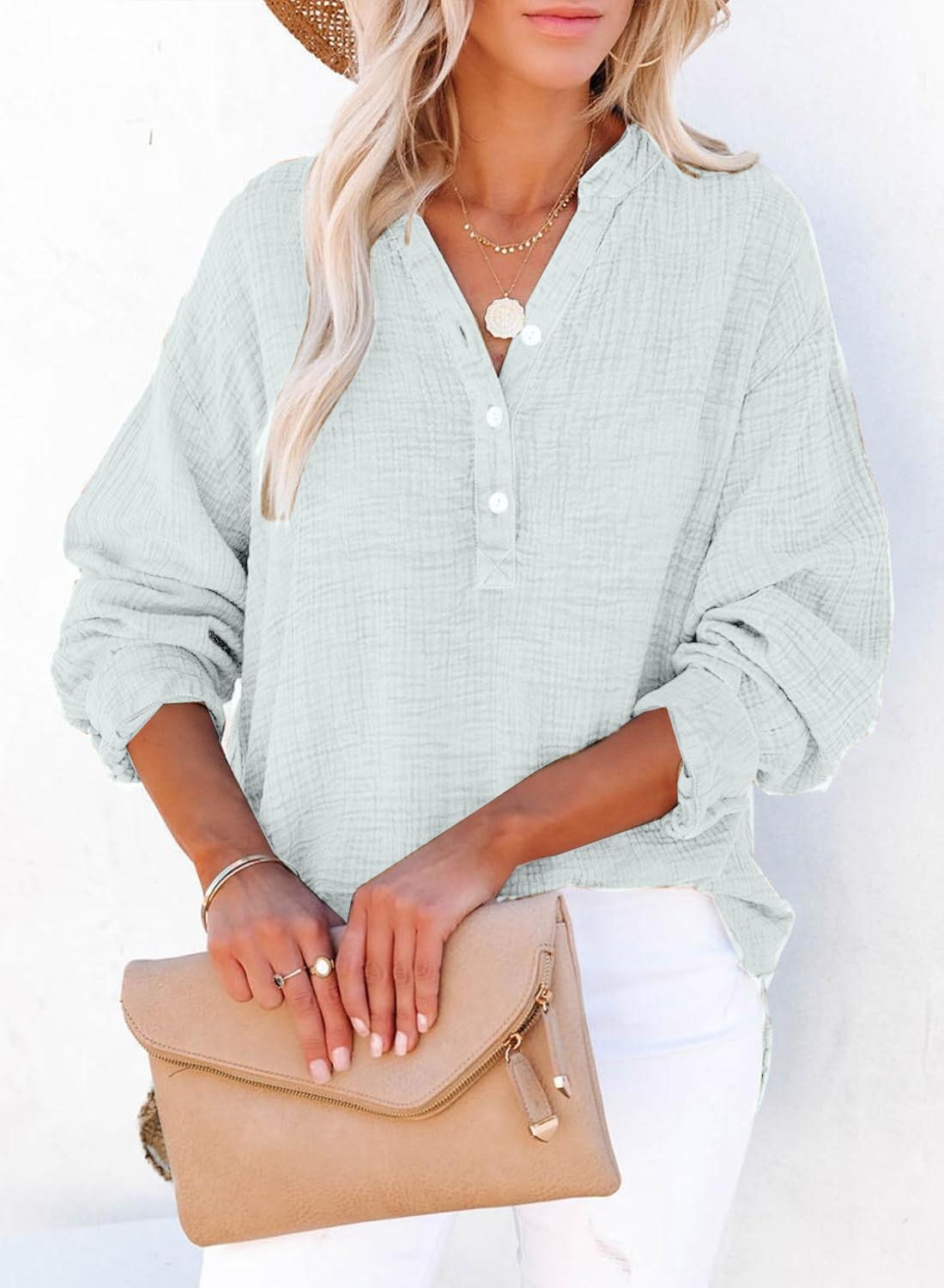 Limited time sale🔥Womens Casual Gauze Button Neck Long Sleeve Oversized BlousesTops
