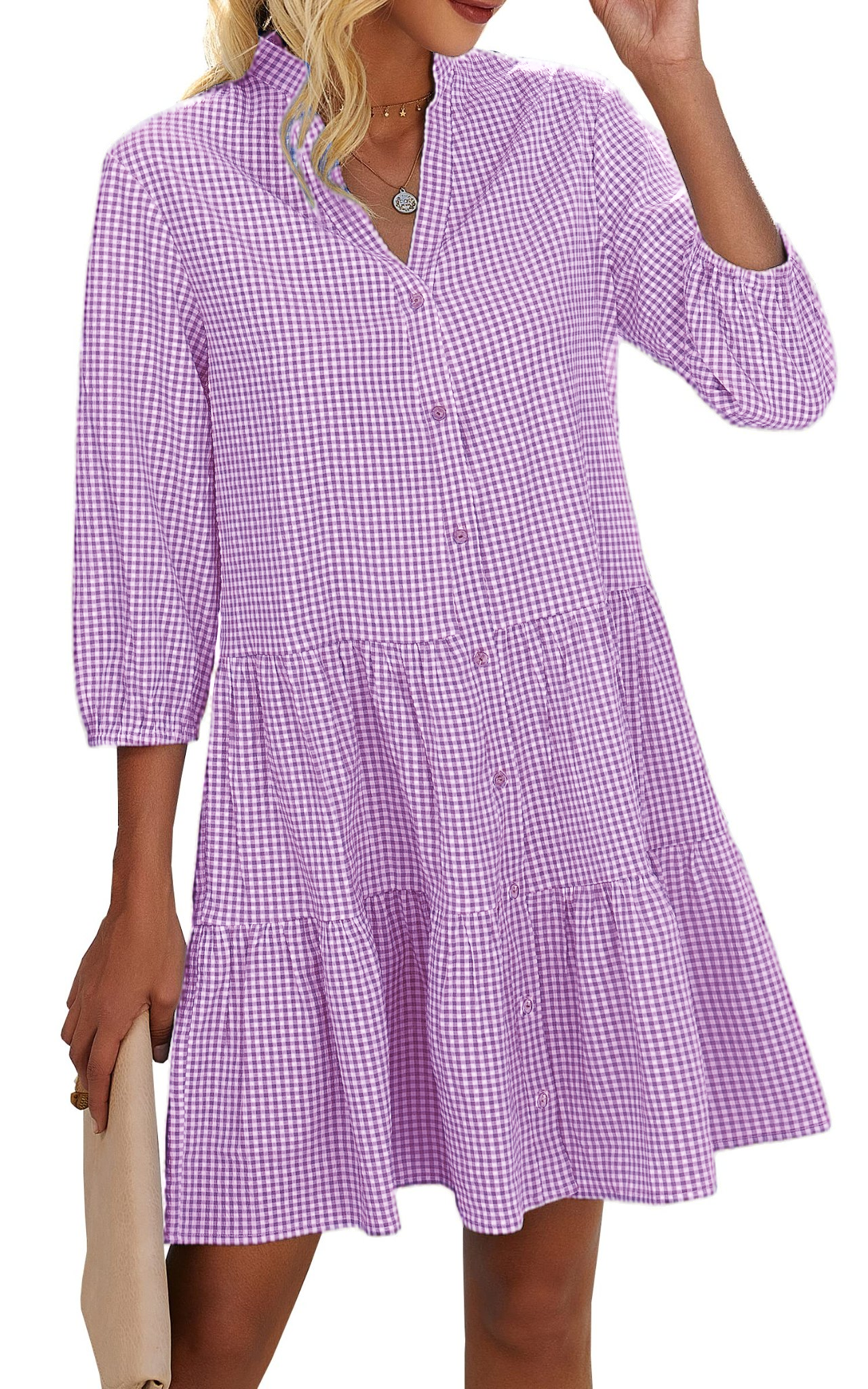 Limited time sale🔥Women's Button Down 3/4 Sleeve Gingham Shirt Dress