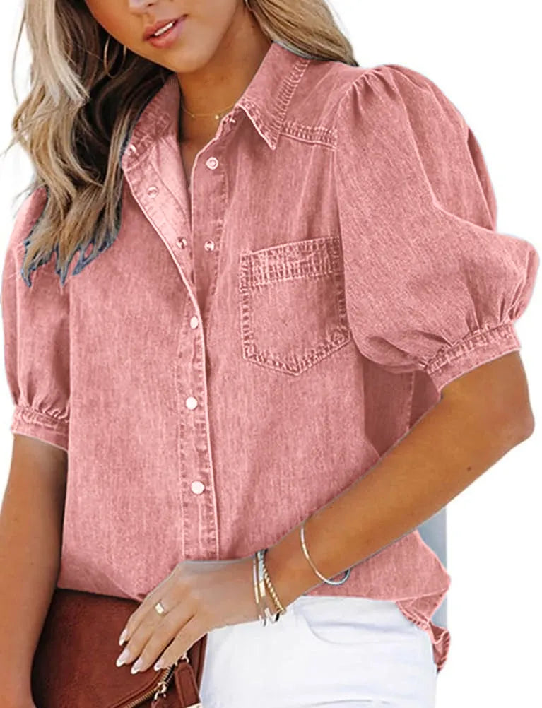 Women's Casual Puff Sleeve Denim Button-Down Shirt Top
