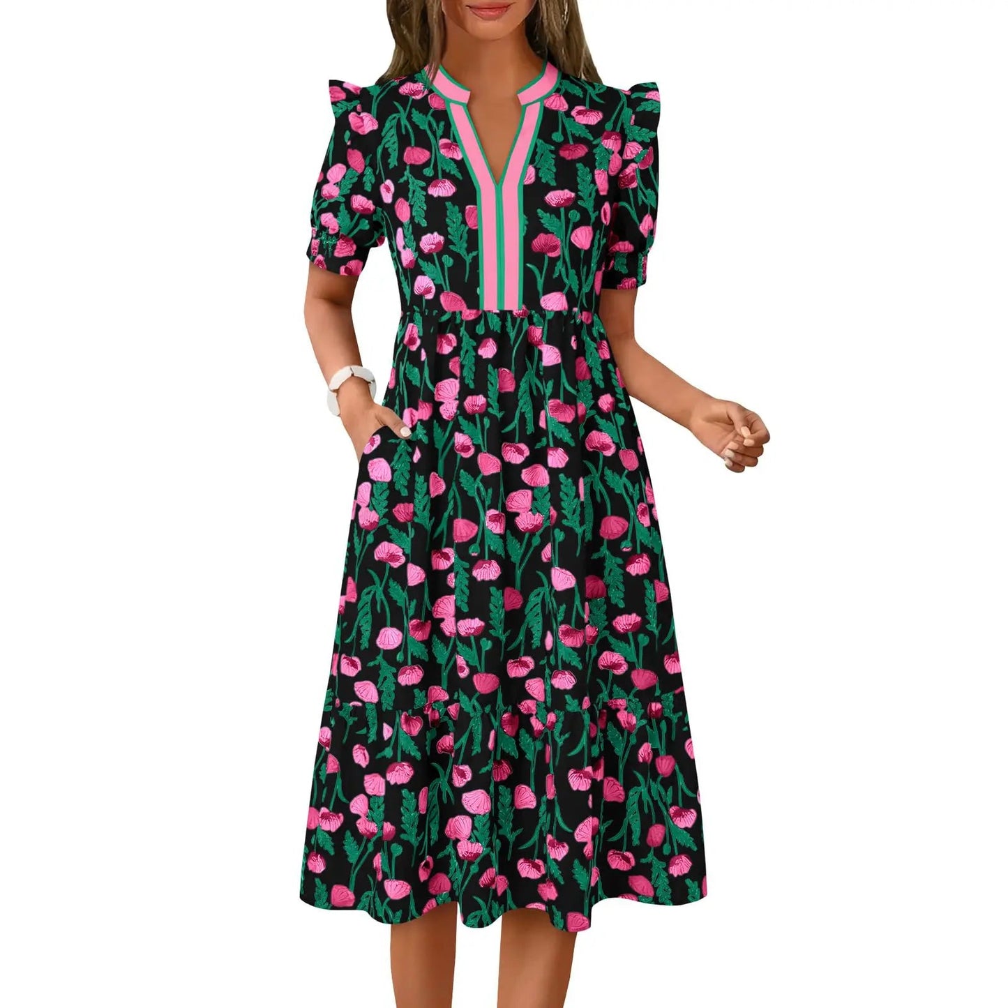Women's Summer Midi Dress Casual Floral Puff Short Sleeve V Neck Swing