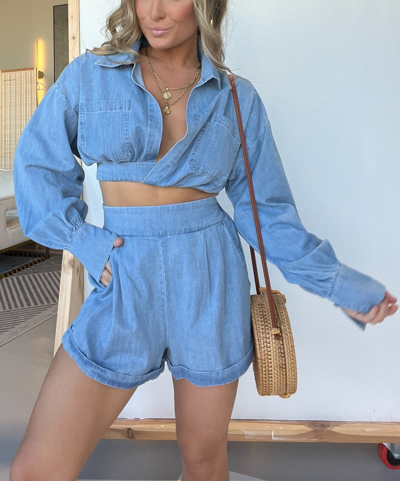 2024 Long Sleeves Crop Shirt and Shorts Denim Set (Buy 2 Free Shipping)