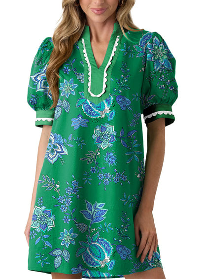 Limited time sale🔥Women's Floral Print V Neck Ricrac Trim Puff Sleeve Dress
