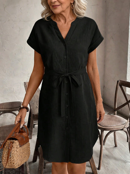 Notched V-Neck Button Down Cotton Dress