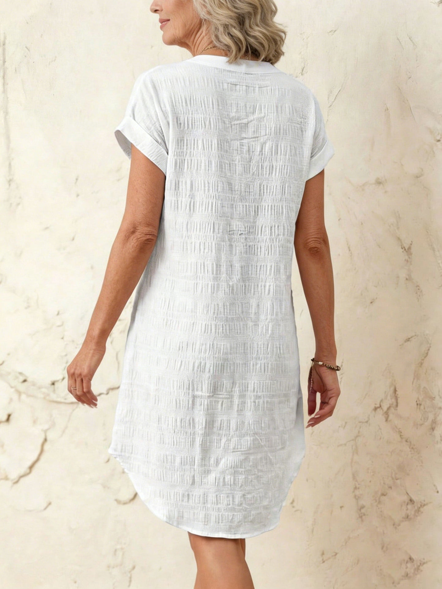 Notched V-Neck Button Down Cotton Dress