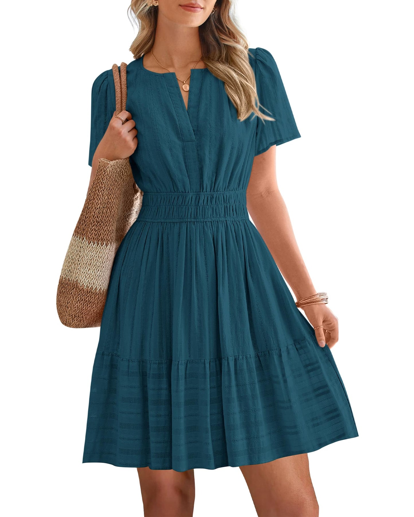 Women's Lightweight Short Sleeve V Neck Elastic Waist Mini Dress
